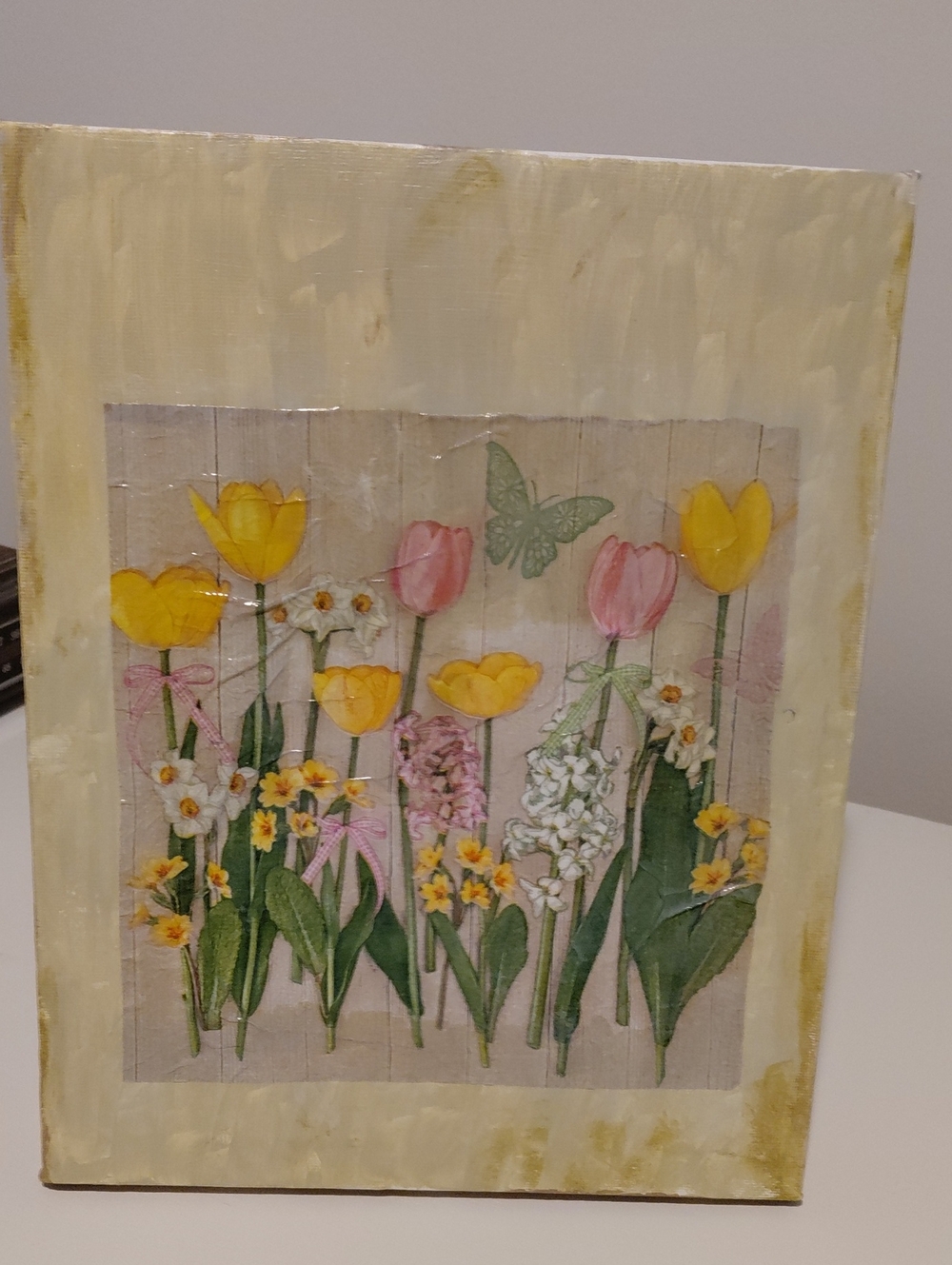 Floral Tulip & Daffodil Canvas Art - Pastel Yellow, Pink & Green Decoupaged